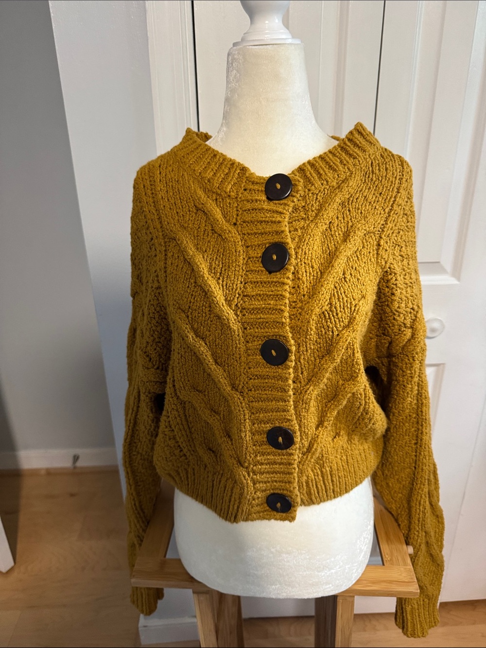 Free People Mustard Cable Knit Button-Front Cardigan